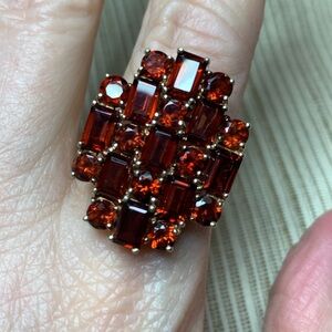 Elegant Red Orange Genuine Garnet Gemstone Cluster Ring. Sterling, size 8
